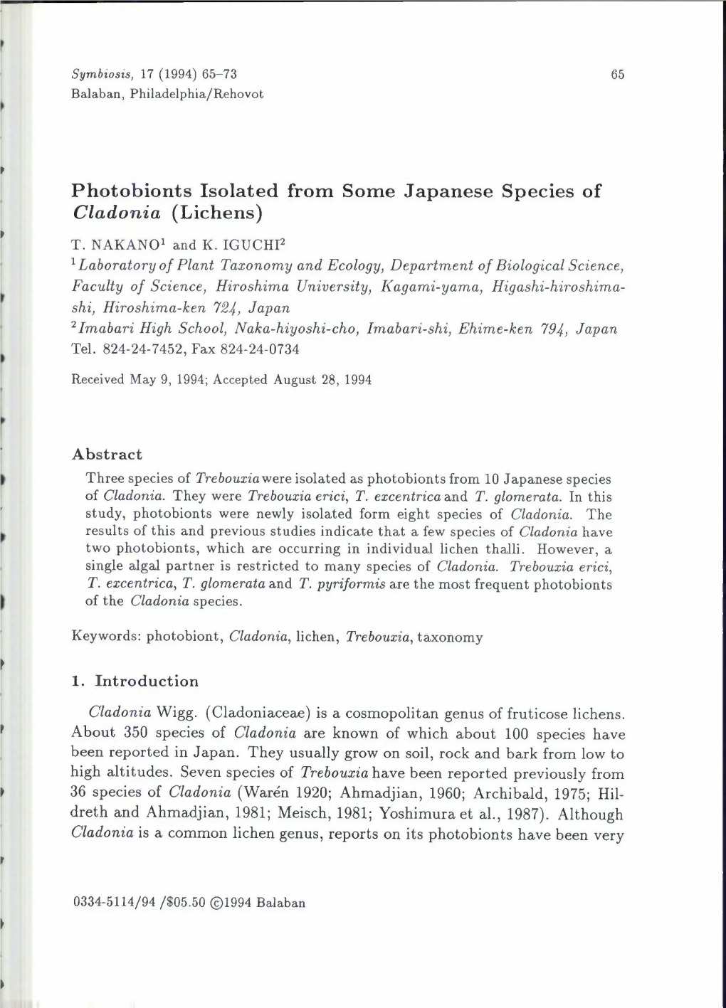 Photobionts Isolated from Some Japanese Species of Cladonia (Lichens)