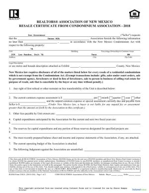 Resale Certificate from Condominium Association - 2018