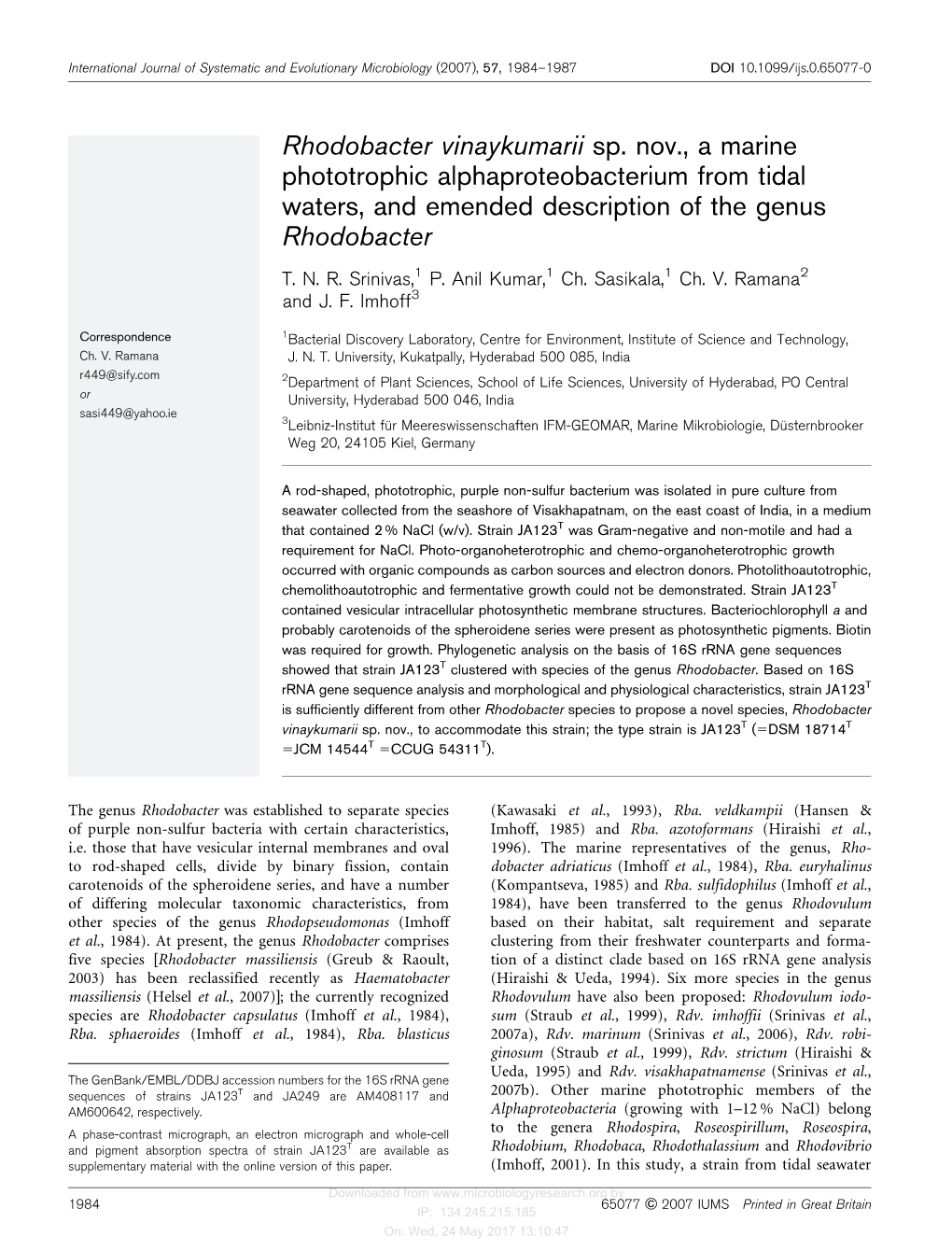 Rhodobacter Vinaykumarii Sp. Nov., a Marine Phototrophic Alphaproteobacterium from Tidal Waters, and Emended Description of the Genus Rhodobacter