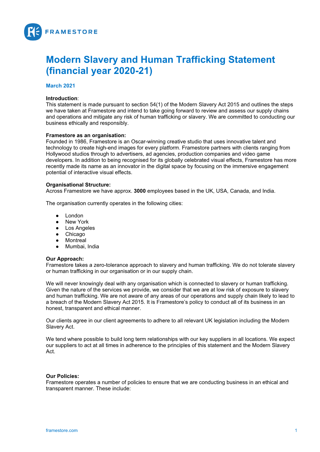 Modern Slavery and Human Trafficking Statement (Financial Year 2020-21)