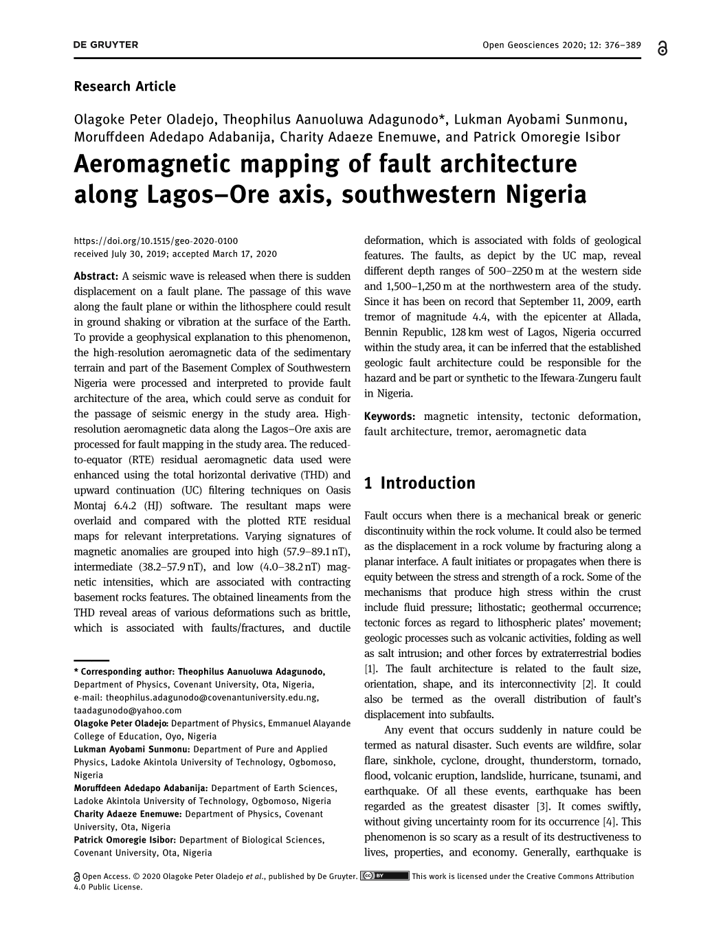 Aeromagnetic Mapping of Fault Architecture Along Lagos–Ore Axis, Southwestern Nigeria