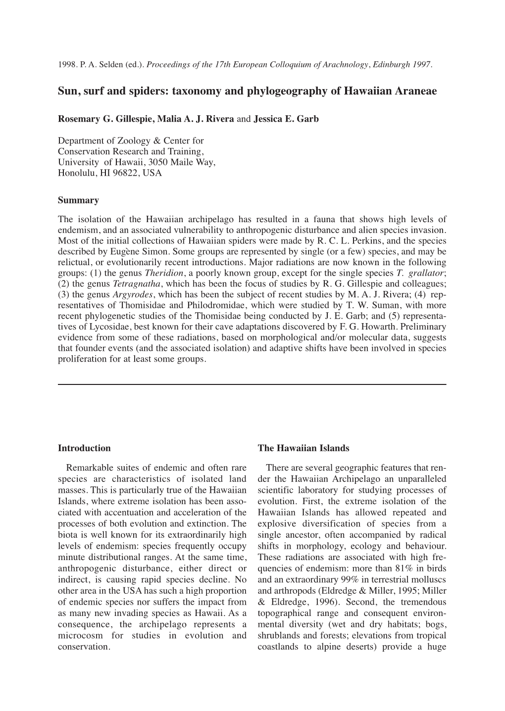 Taxonomy and Phylogeography of Hawaiian Araneae