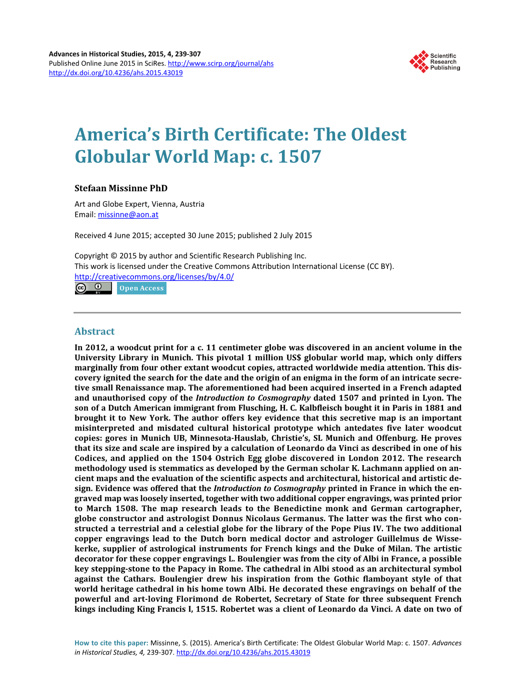 America's Birth Certificate: the Oldest Globular World Map: C. 1507