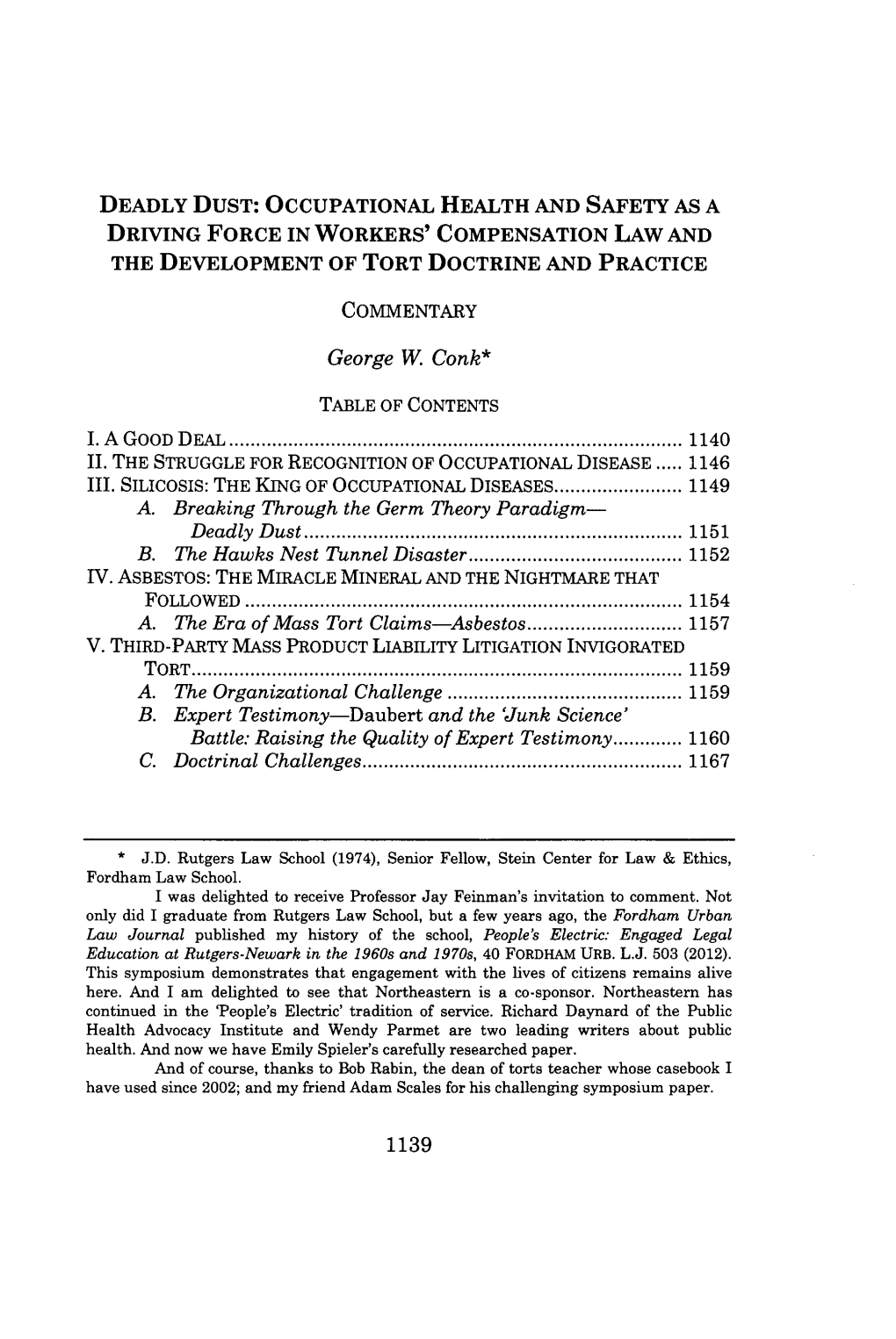 Deadly Dust: Occupational Health and Safety As a Driving Force in Workers' Compensation Law and the Development of Tort Doctrine and Practice