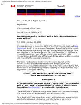 Canada Gazette – Regulations Amending the Motor Vehicle Safety Regulations (Low-Speed Vehicles)