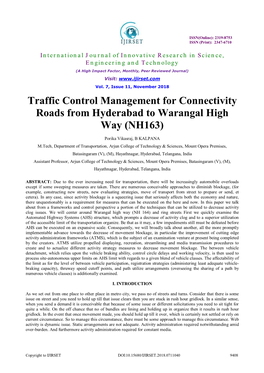 Traffic Control Management for Connectivity Roads from Hyderabad to Warangal High Way (NH163)