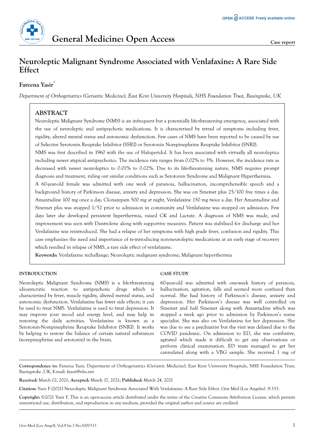 Neuroleptic Malignant Syndrome Associated with Venlafaxine: a Rare Side Effect