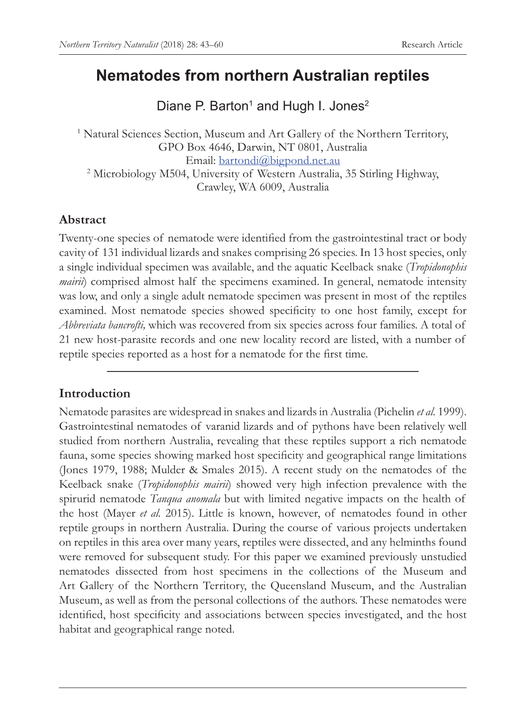 Nematodes from Northern Australian Reptiles