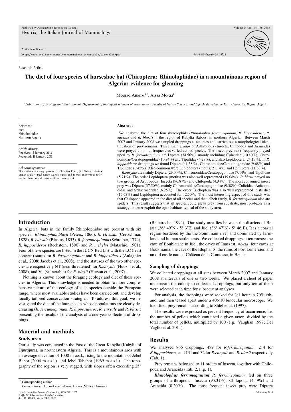 The Diet of Four Species of Horseshoe Bat (Chiroptera: Rhinolophidae) in a Mountainous Region of Algeria: Evidence for Gleaning