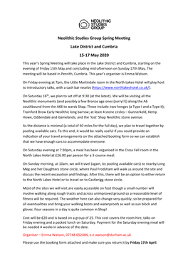 Neolithic Studies Group Spring Meeting Lake District and Cumbria 15-17 May 2020