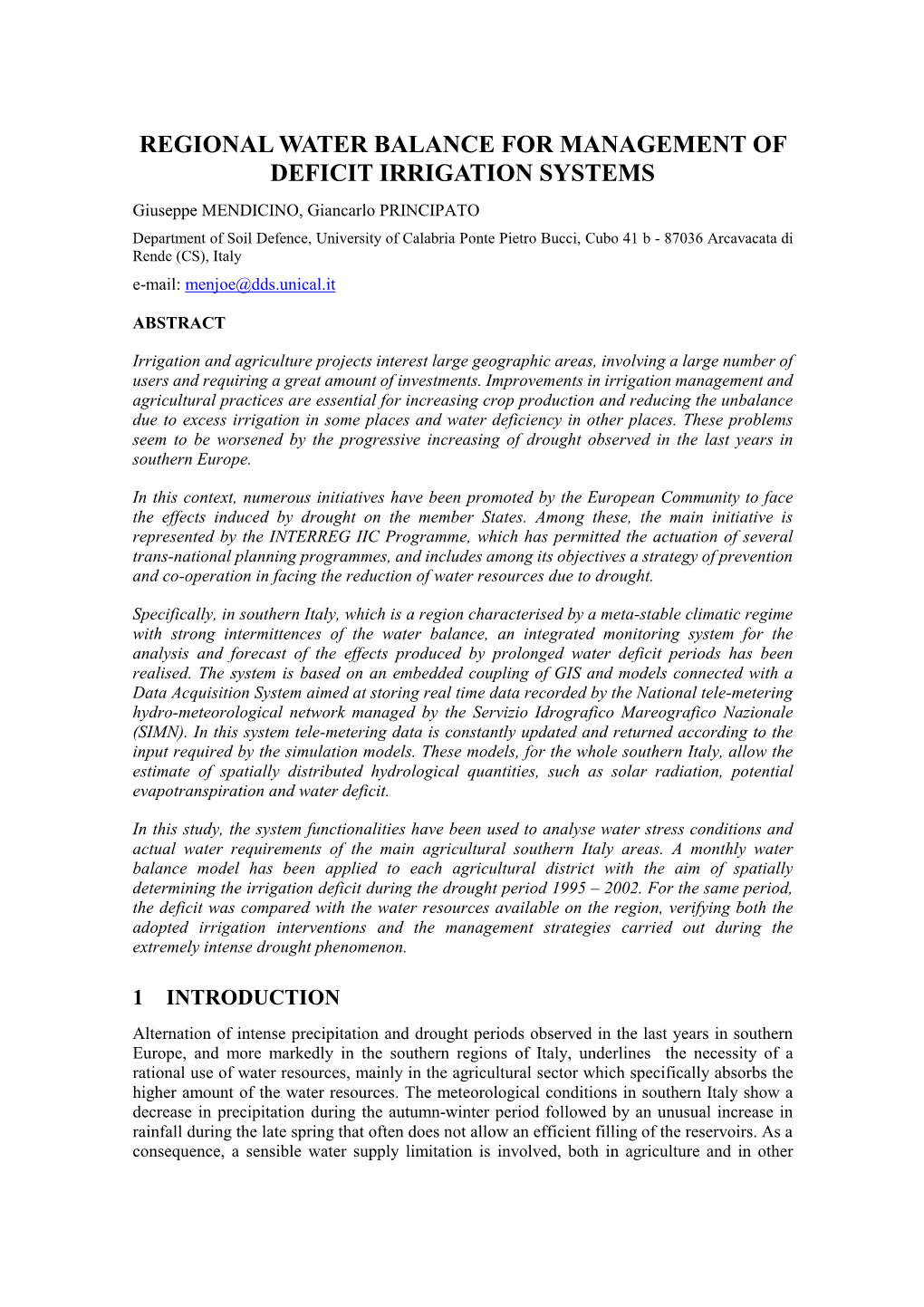 Regional Water Balance for Management of Deficit Irrigation Systems