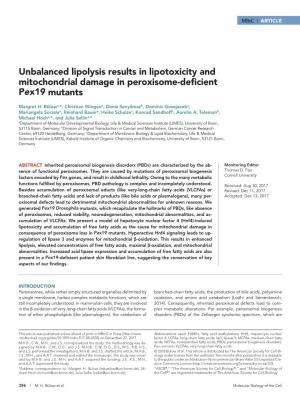 Unbalanced Lipolysis Results in Lipotoxicity and Mitochondrial Damage in Peroxisome-Deficient Pex19 Mutants