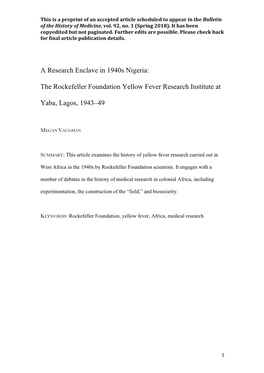 The Rockefeller Foundation Yellow Fever Research Institute at Yaba