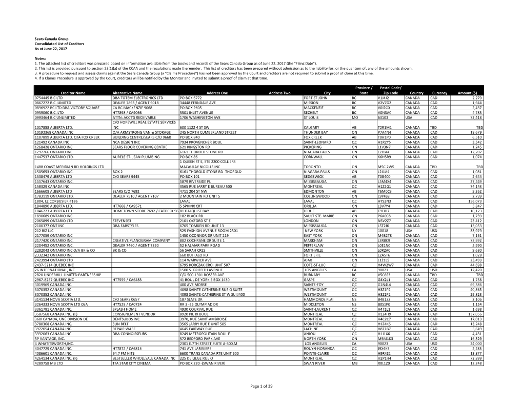 Of 39 Sears Canada Group Consolidated List of Creditors As at June 22, 2017