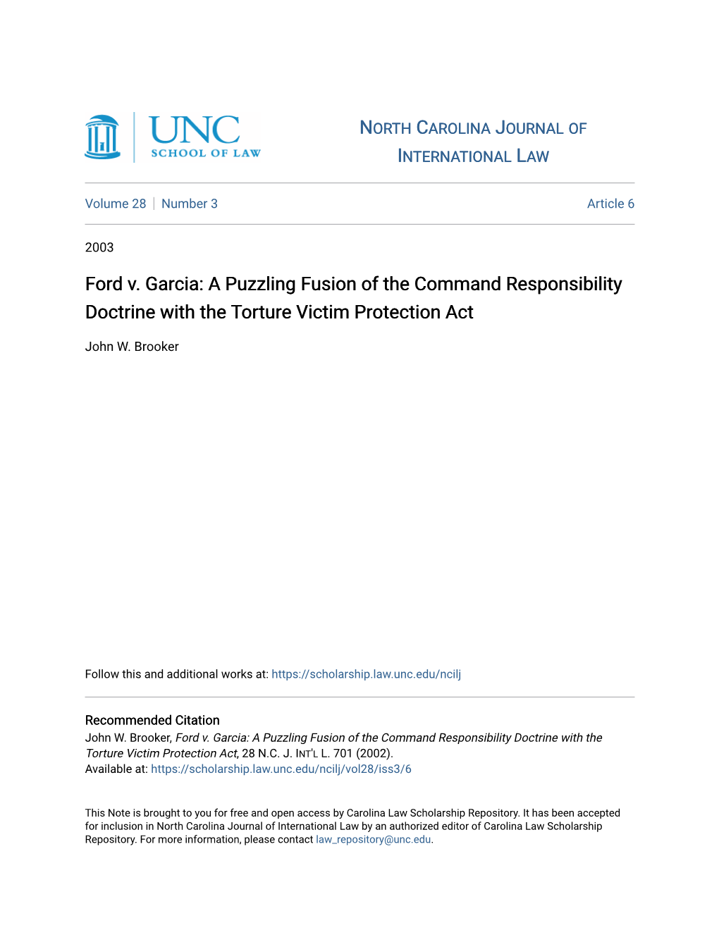 Ford V. Garcia: a Puzzling Fusion of the Command Responsibility Doctrine with the Torture Victim Protection Act