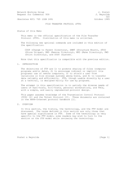 Network Working Group J. Postel Request for Comments: 959 J. Reynolds ISI Obsoletes RFC: 765 (IEN 149) October 1985