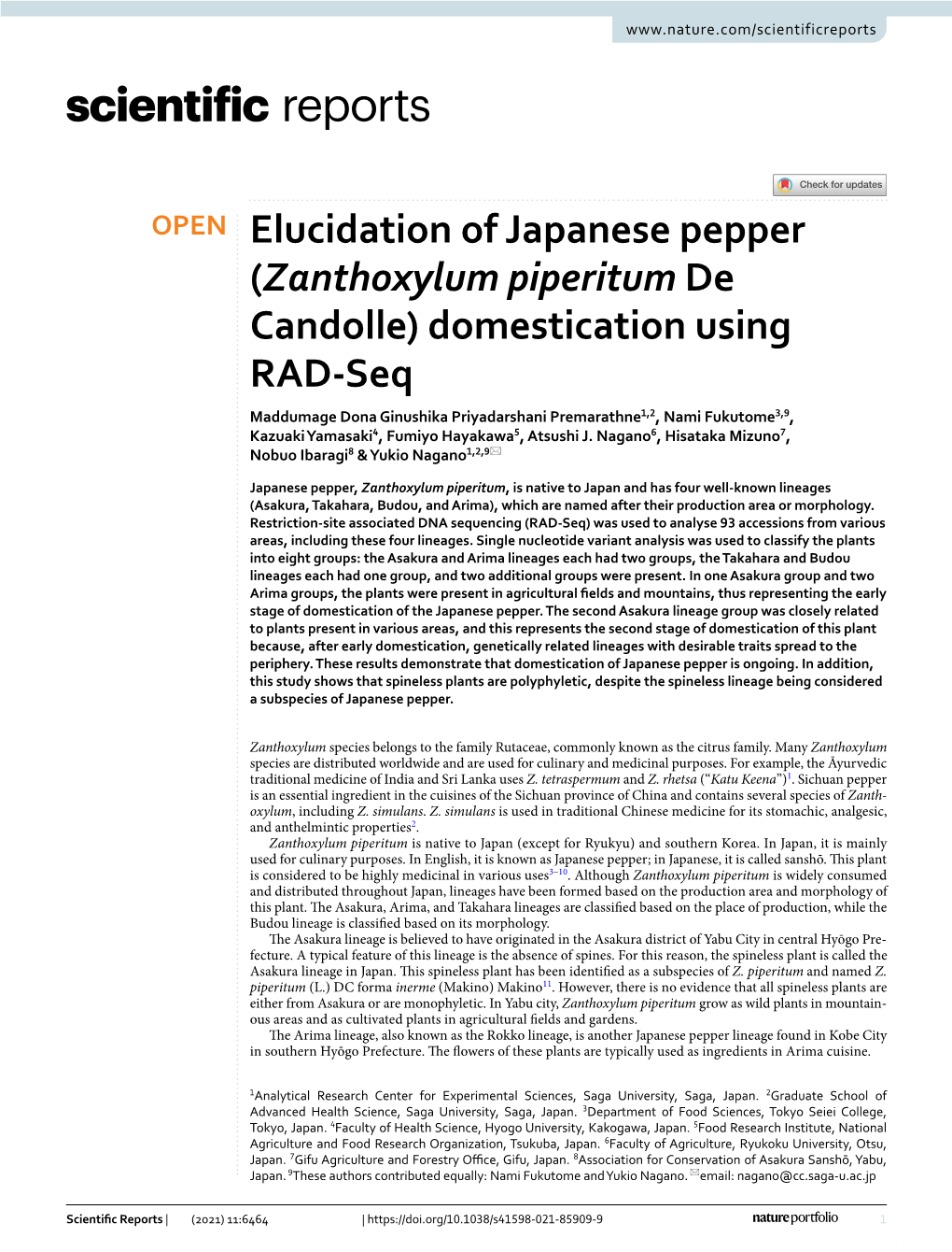 (Zanthoxylum Piperitum De Candolle) Domestication Using RAD-Seq