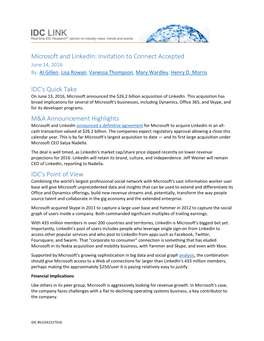 Microsoft and Linkedin: Invitation to Connect Accepted June 14, 2016 By: Al Gillen, Lisa Rowan, Vanessa Thompson, Mary Wardley, Henry D