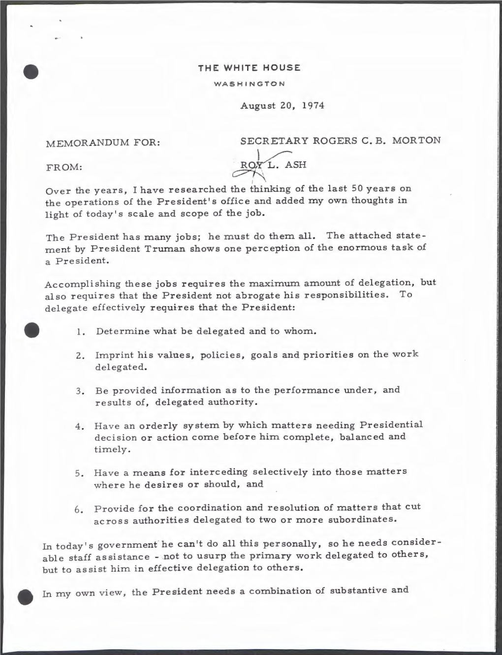 006 Transition Team-Input and Suggestions from Roy L. Ash 1974