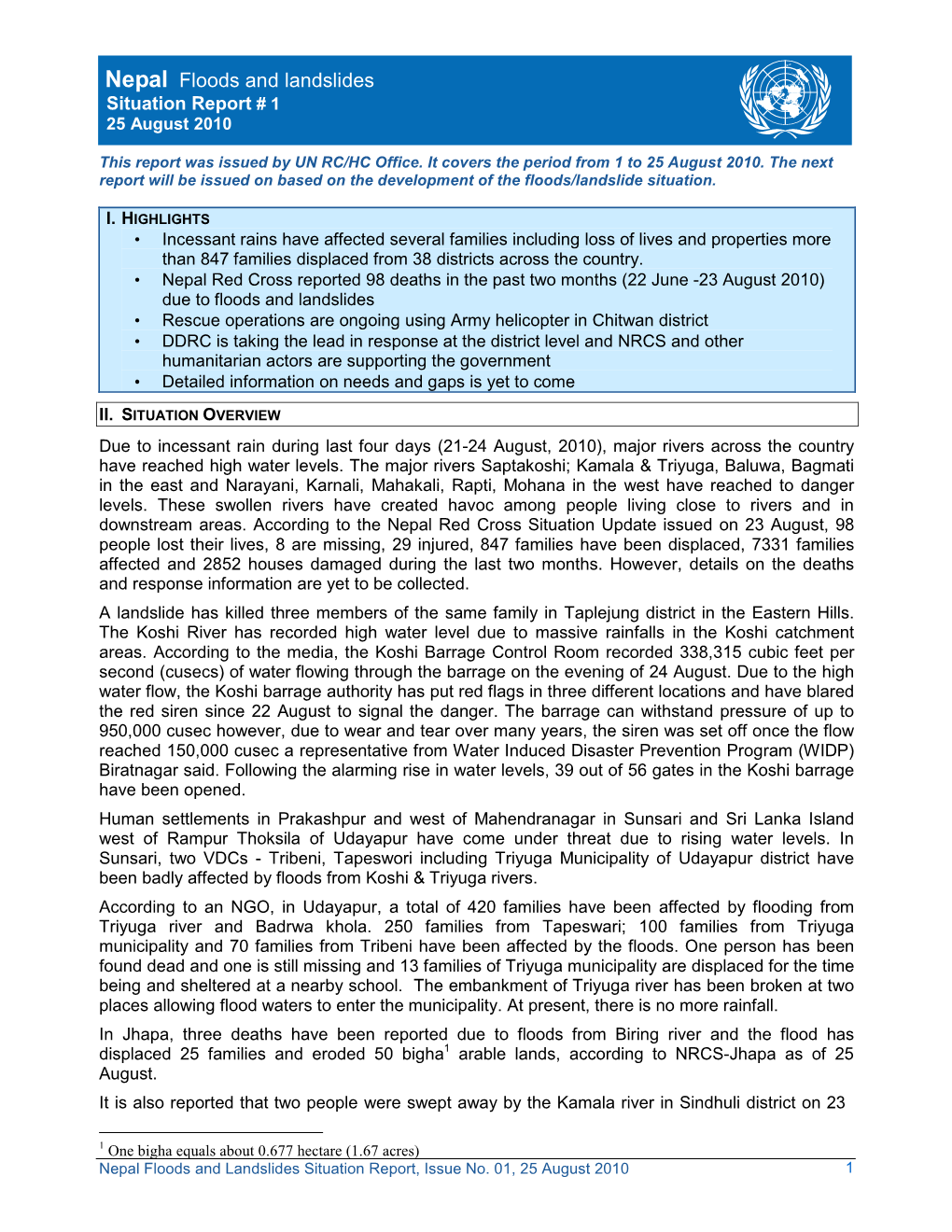 Nepal Floods and Landslides Situation Report # 1 25 August 2010