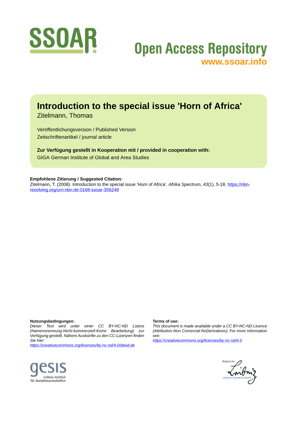 Introduction to the Special Issue 'Horn of Africa' Zitelmann, Thomas