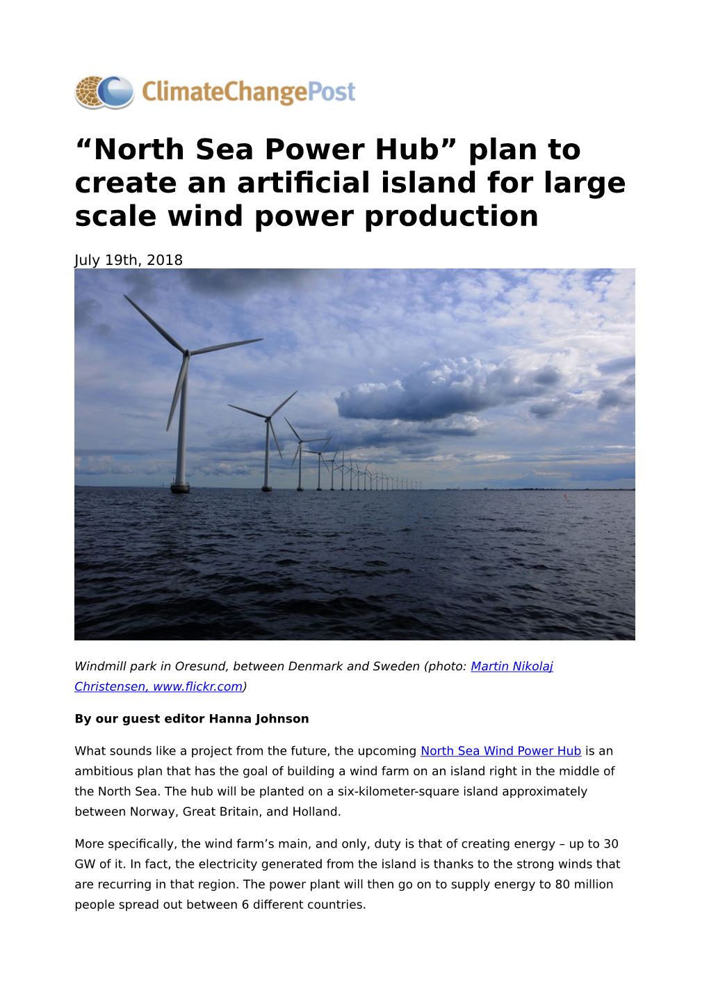 North Sea Power Hub” Plan to Create an Artifcial Island for Large Scale Wind Power Production