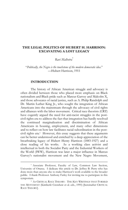 The Legal Politics of Hubert H. Harrison: Excavating a Lost Legacy