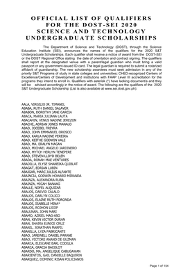 Official List of Qualifiers for the Dost-Sei 2020 Science and Technology