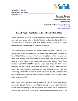 NEWS RELEASE Long & Foster Real Estate to Open New Suffolk Office
