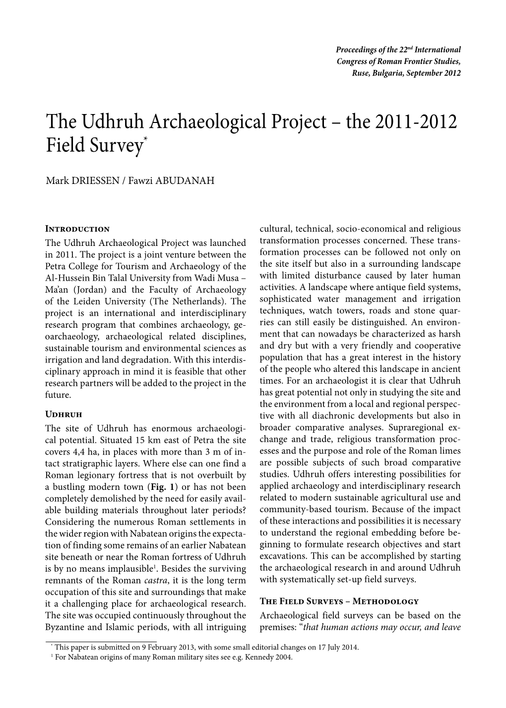 The Udhruh Archaeological Project – the 2011-2012 Field Survey*