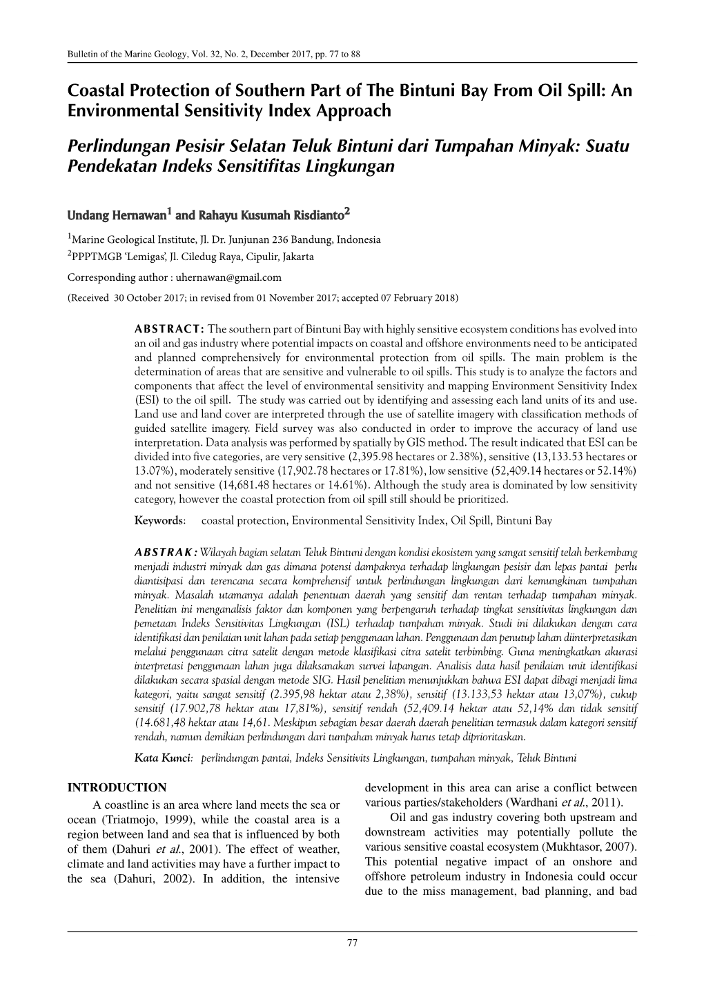 An Environmental Sensitivity Index Approach Perlindungan Pesisir Selatan Teluk Bintuni Dari Tumpahan Minyak: Suatu Pendekatan Indeks Sensitifitas Lingkungan