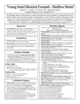 Young Israel Shomrai Emunah - Shabbos Shorts January 1 - 2, 2021 - 18 Teves 5781 - Parshas Vayechi Light Candles by 4:38 - Havdalah 5:42