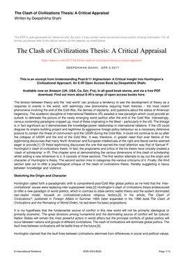 The Clash of Civilizations Thesis: a Critical Appraisal Written by Deepshikha Shahi