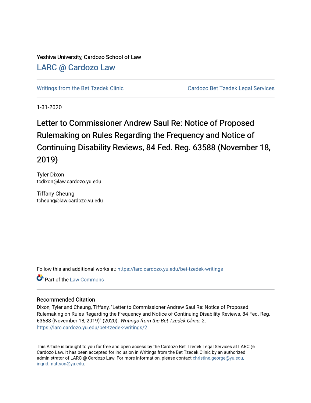 Letter to Commissioner Andrew Saul Re: Notice of Proposed Rulemaking on Rules Regarding the Frequency and Notice of Continuing Disability Reviews, 84 Fed