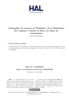Géographie De Zoonoses En Thaïlande : De La Distribution Des Rongeurs, Vecteurs Et Hôtes, Au Risque De Transmission Vincent Herbreteau