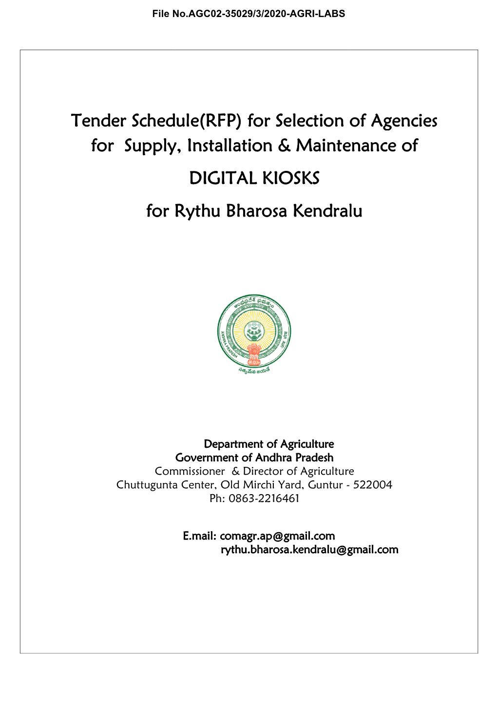 Tender Schedule(RFP) -.:: Agriculture Department Andhra Pradesh