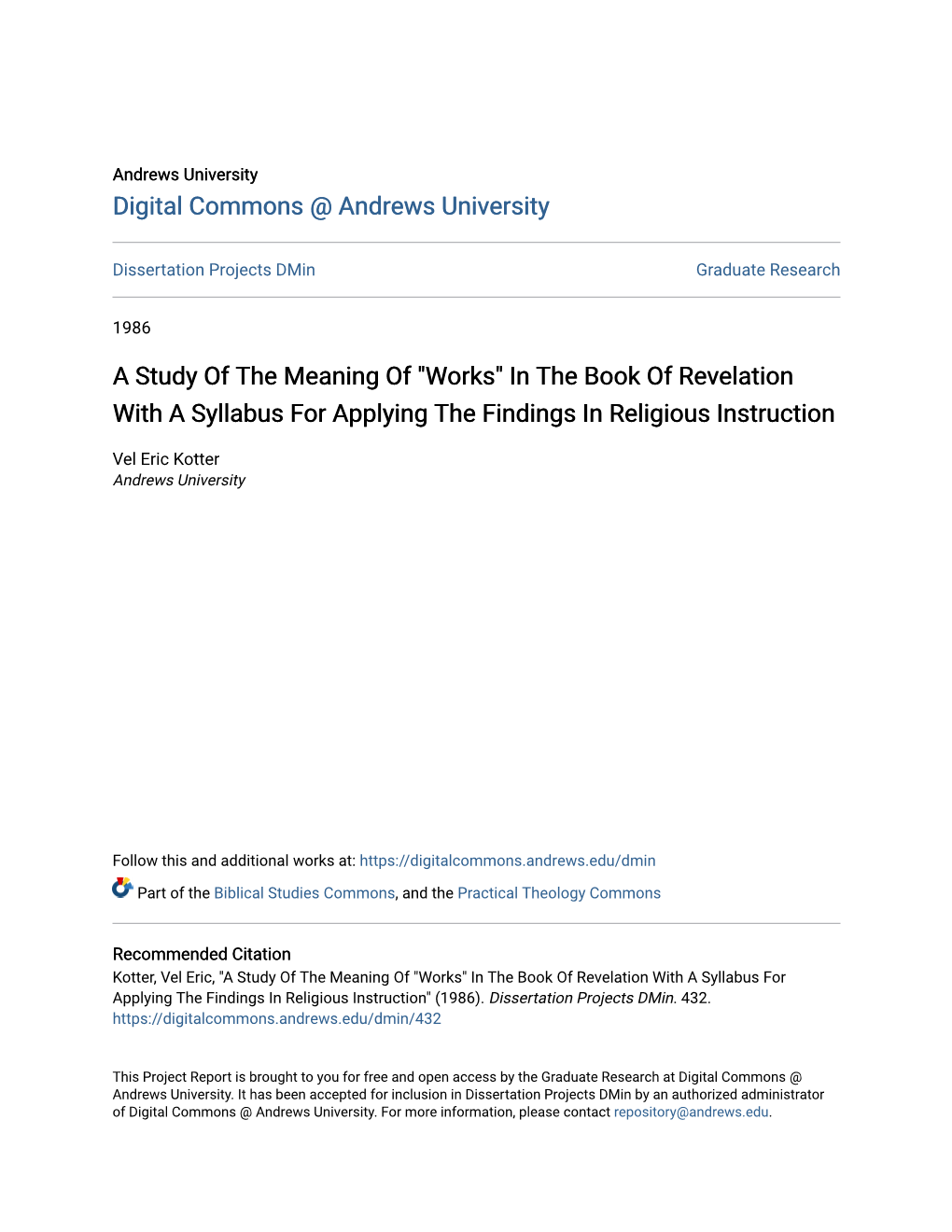 A Study of the Meaning of "Works" in the Book of Revelation with a Syllabus for Applying the Findings in Religious Instruction