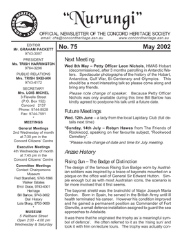 Ònurungió OFFICIAL NEWSLETTER of the CONCORD HERITAGE SOCIETY Email: Chs@Concordheritage.Asn.Au