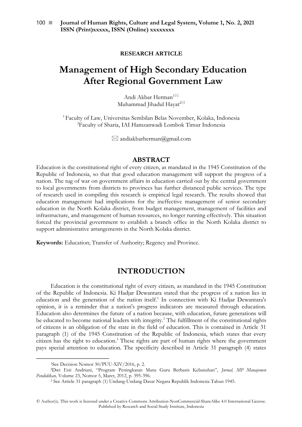 Management of High Secondary Education After Regional Government Law