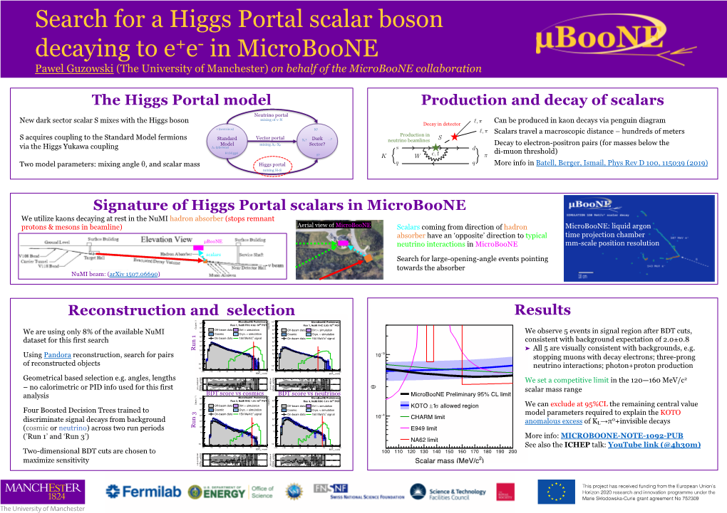 Search for a Higgs Portal Scalar Boson Decaying to E+E- in Microboone Pawel Guzowski (The University of Manchester) on Behalf of the Microboone Collaboration