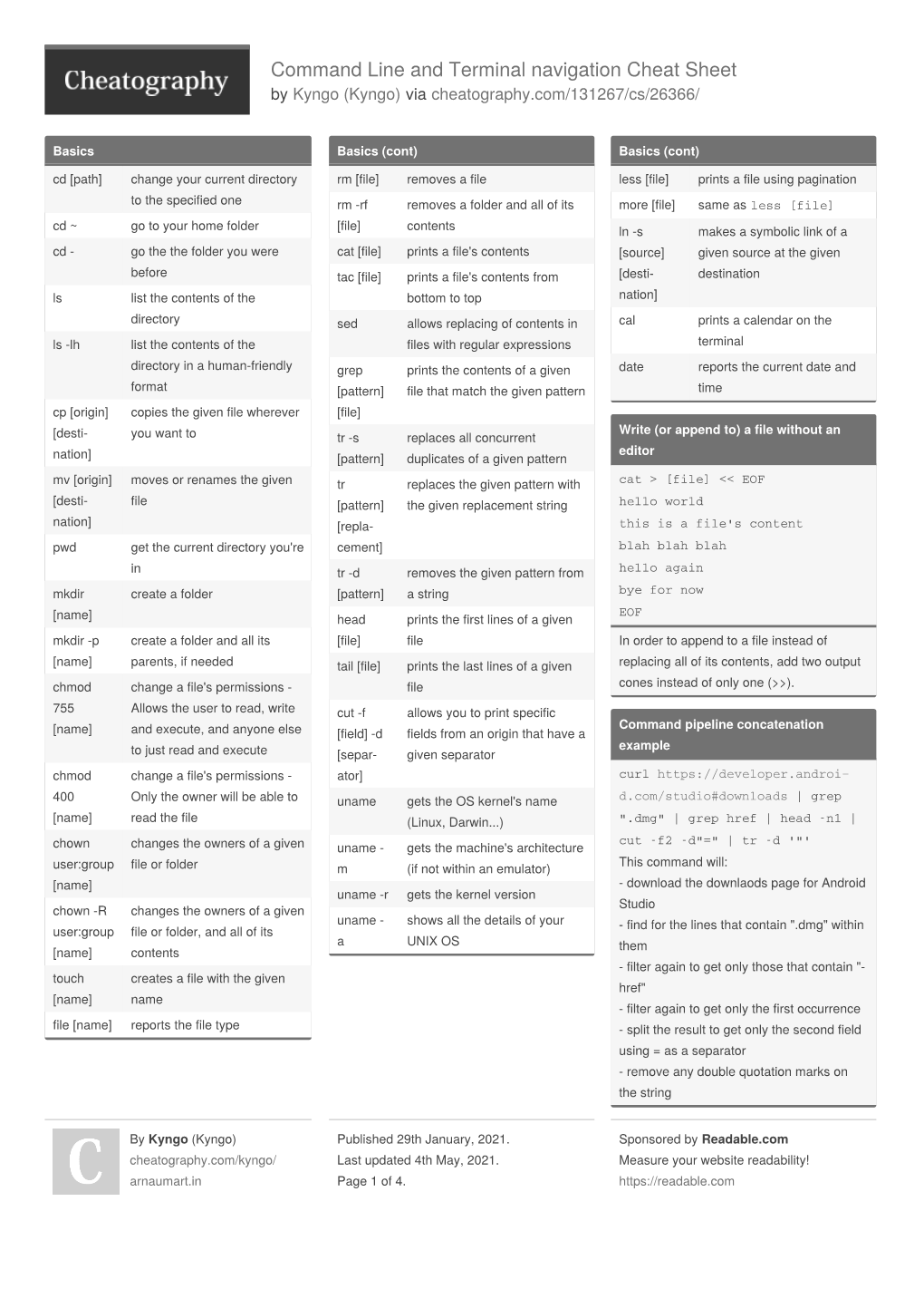 Command Line and Terminal Navigation Cheat Sheet by Kyngo (Kyngo) Via Cheatography.Com/131267/Cs/26366