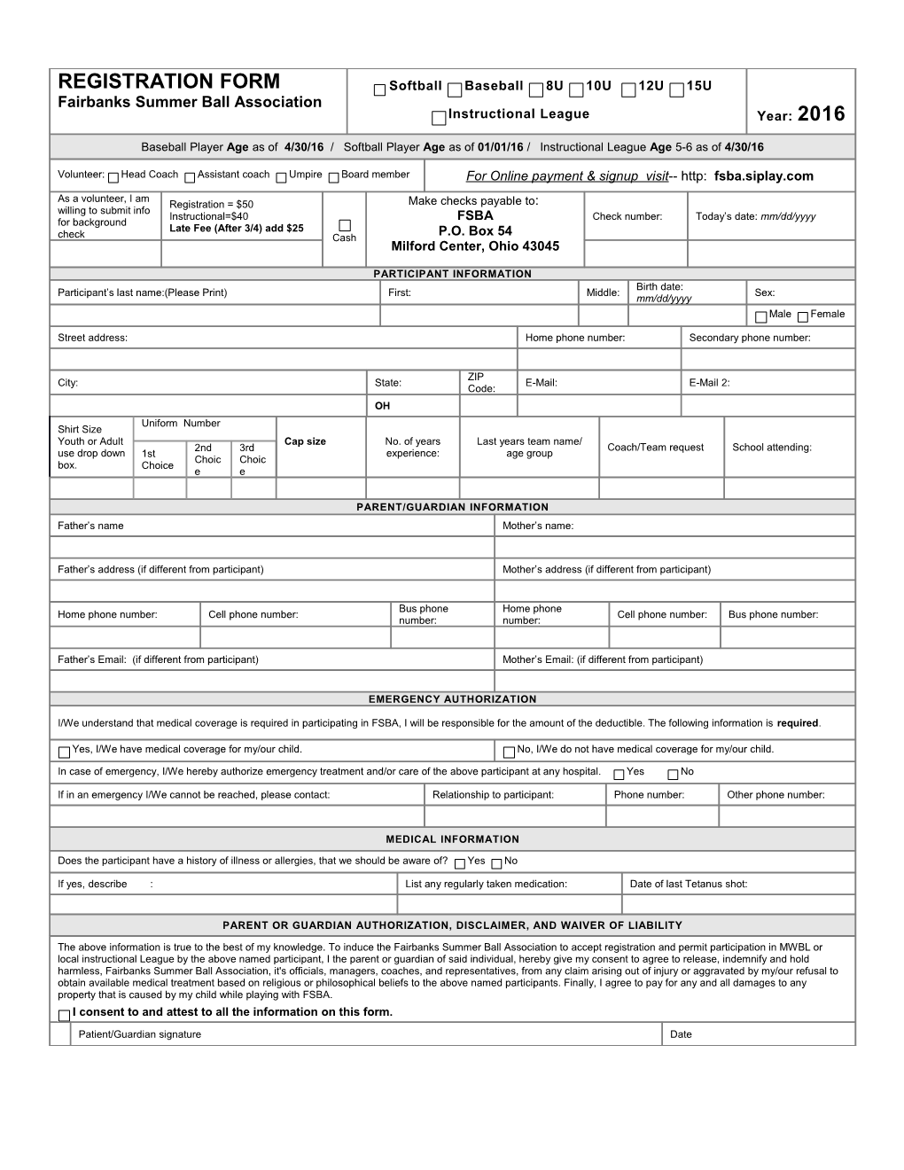 Baseball Registration Form