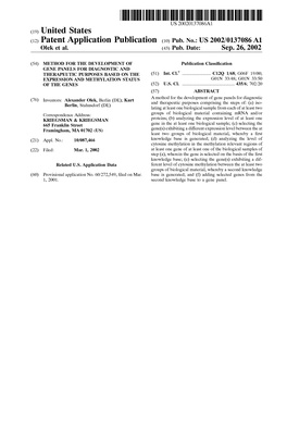 (12) Patent Application Publication (10) Pub. No.: US 2002/0137086 A1 Olek Et Al