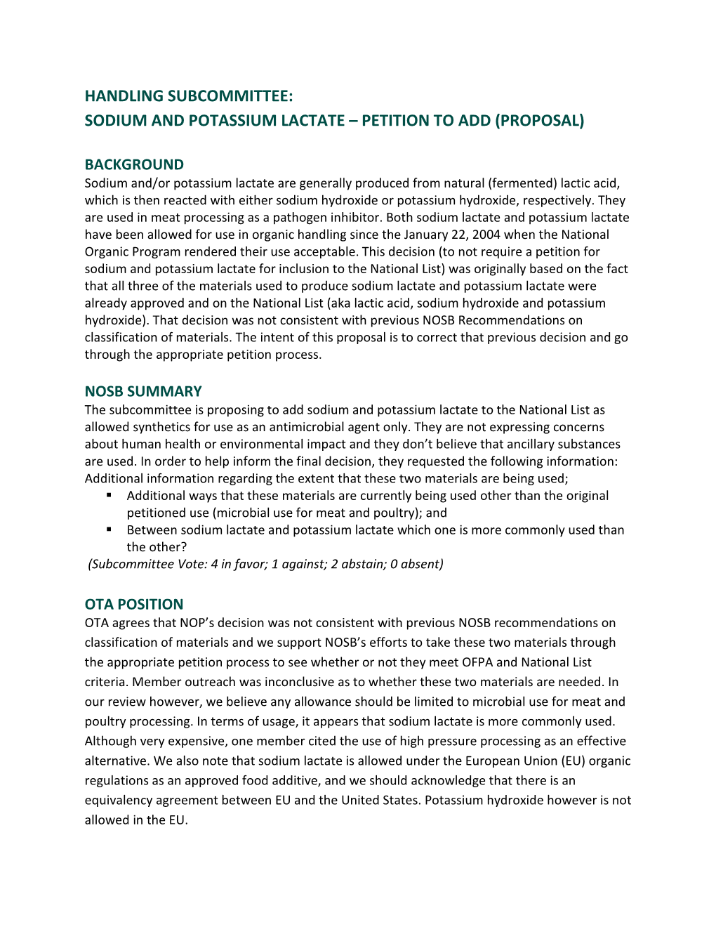 Sodium and Potassium Lactate – Petition to Add (Proposal)