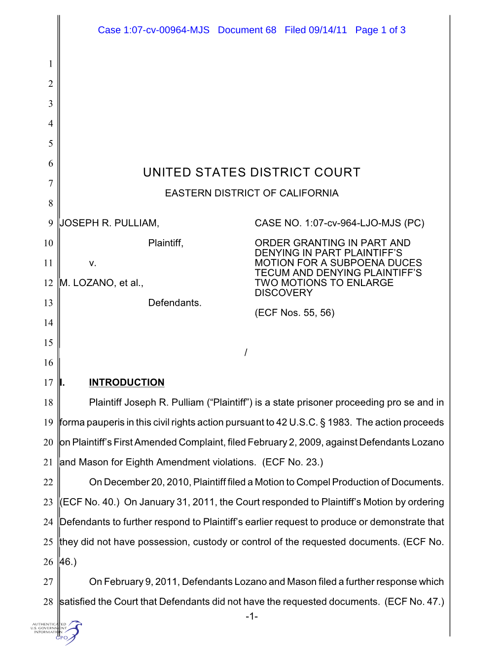 United States District Court 7 Eastern District of California 8
