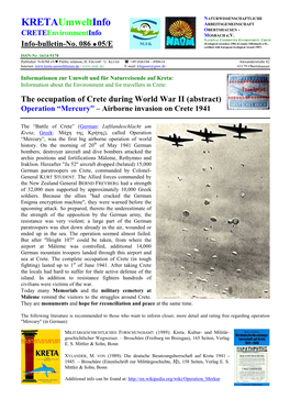 The Occupation of Crete During World War II (Abstract) Operation “Mercury” – Airborne Invasion on Crete 1941
