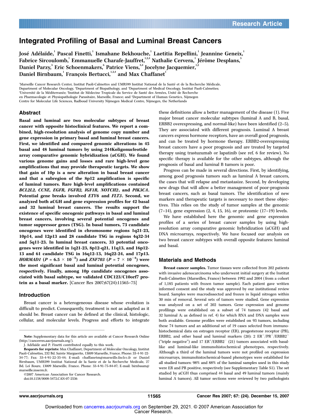 Integrated Profiling of Basal and Luminal Breast Cancers