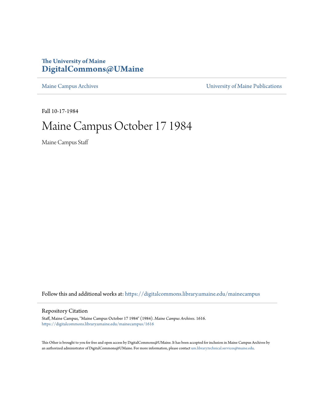Maine Campus October 17 1984 Maine Campus Staff