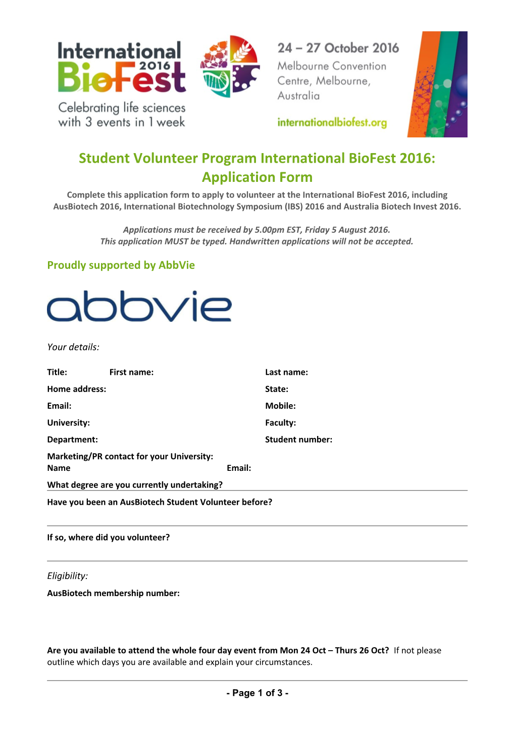 Student Volunteer Program International Biofest 2016: Application Form