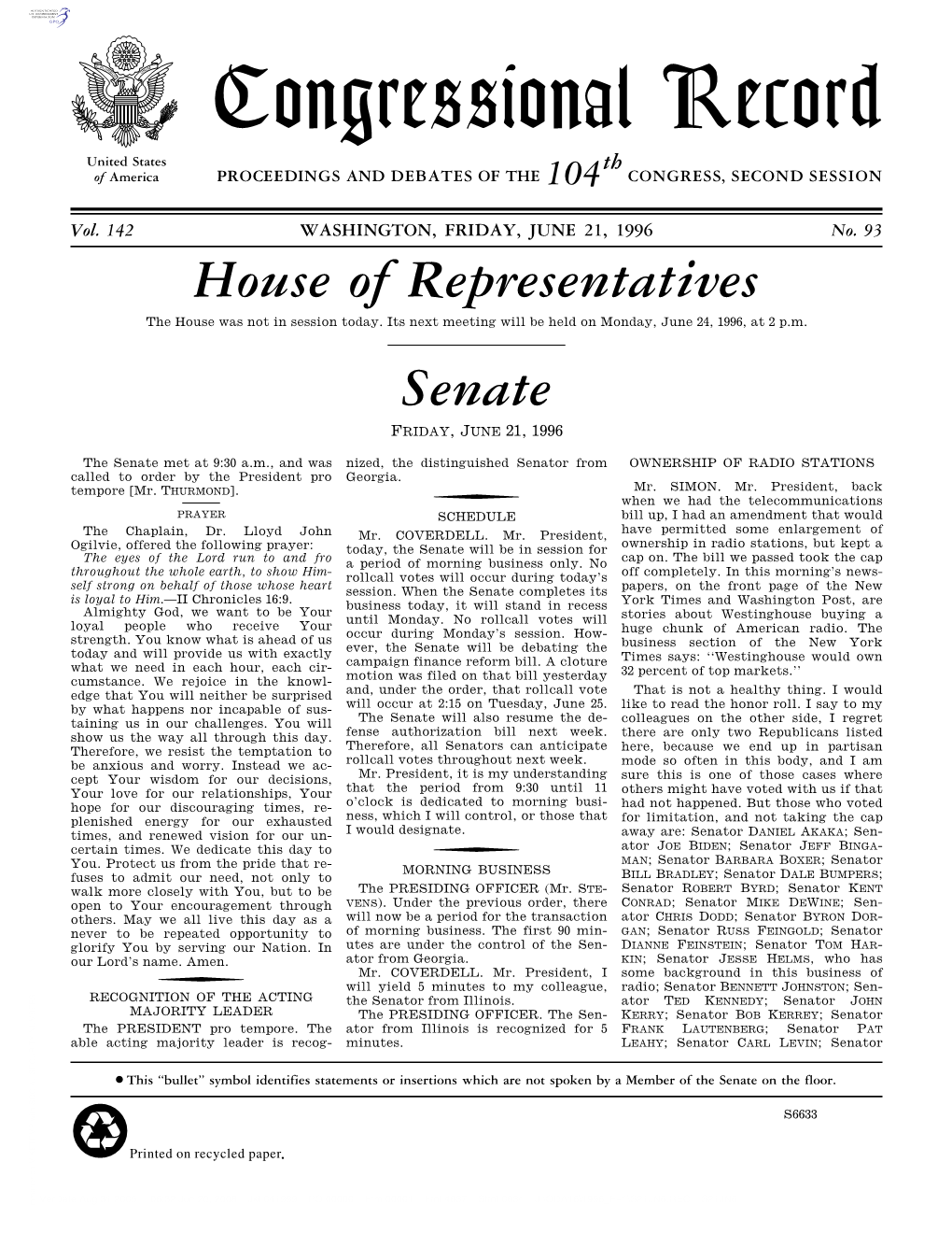 Congressional Record United States Th of America PROCEEDINGS and DEBATES of the 104 CONGRESS, SECOND SESSION